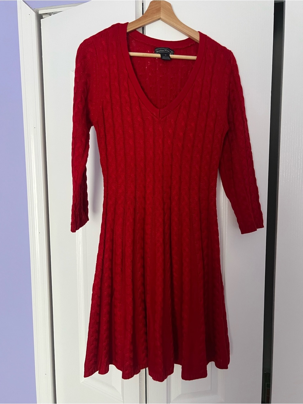 Jessica Howard Red Cable-Knit V-Neck Midi Dress